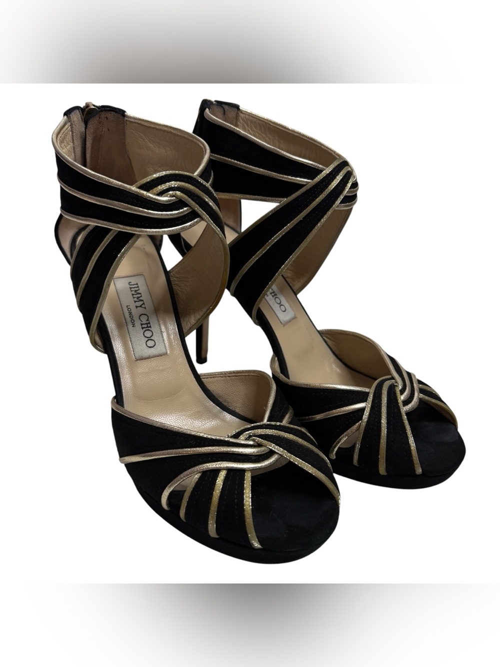Jimmy Choo Black with Gold Trim Suede Strappy Stiletto Sandals